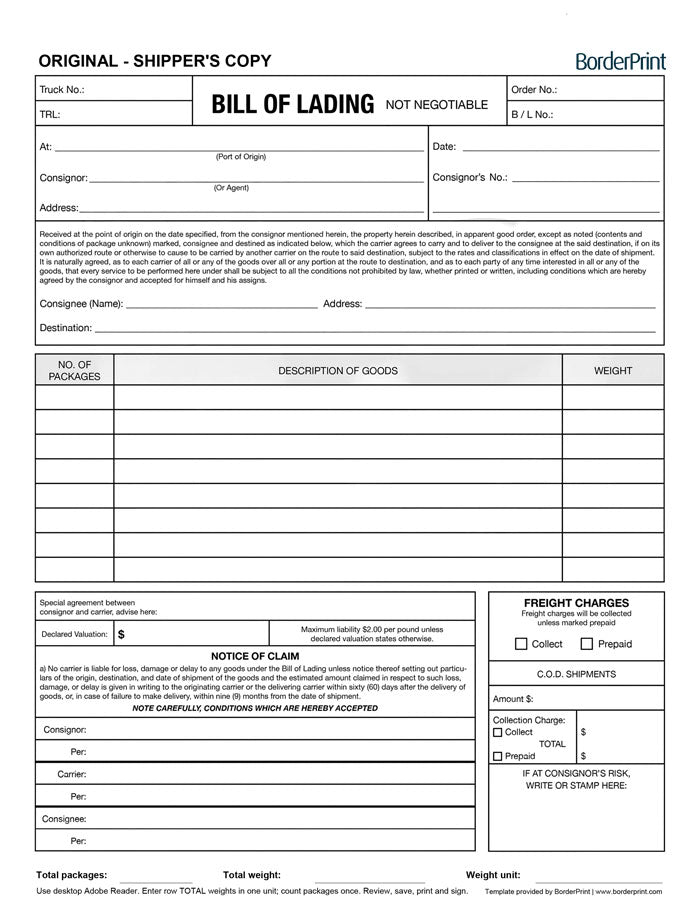 Bill of Lading (Fillable Auto-Calculating 3-Page PDF)