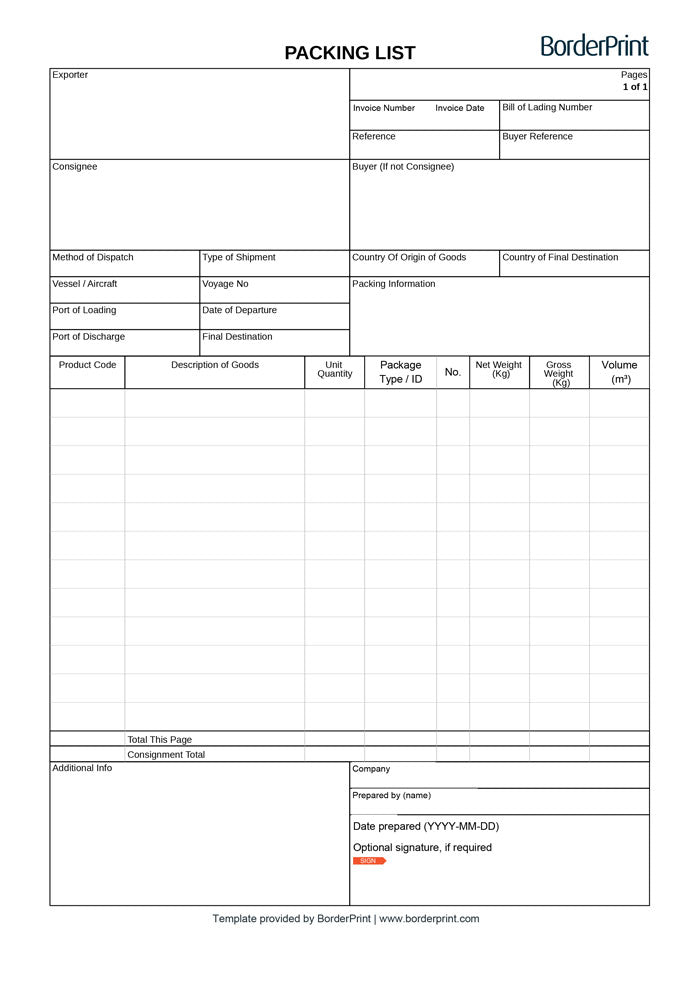 Packing List (Fillable Auto-Calculating PDF)