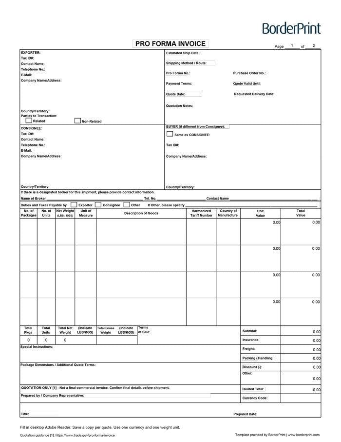 Pro Forma Invoice (Fillable Auto-Calculating PDF)