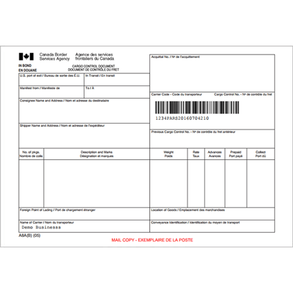 A8A(B) In-Bond Cargo Control Document (Filled-In) - BorderPrint