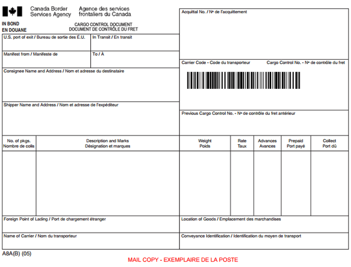 A8A(B) In-Bond Cargo Control Document (Filled-In) - BorderPrint