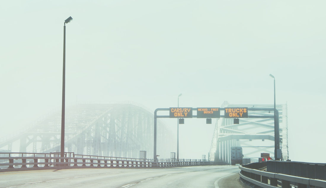 Foggy bridge on a Canada-US border freight corridor