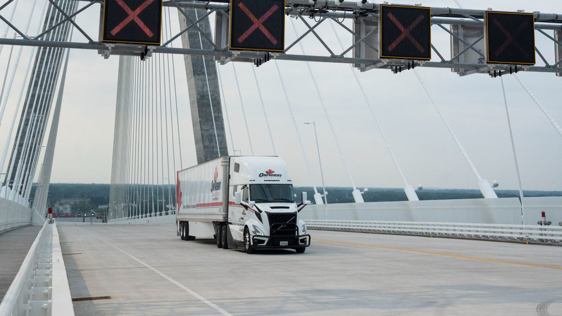 Onfreight Logistics truck crossing the Gordie Howe International Bridge on opening day