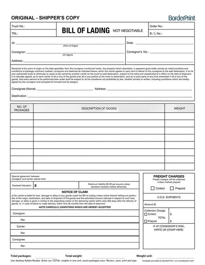 Bill of Lading (Fillable Auto-Calculating 3-Page PDF)