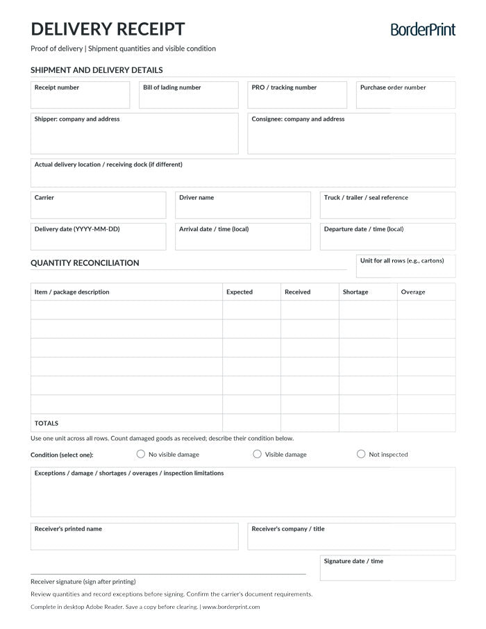 Delivery Receipt / Proof of Delivery Form (Fillable Auto-Calculating PDF)