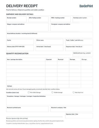 Delivery Receipt / Proof of Delivery Form (Fillable Auto-Calculating PDF)