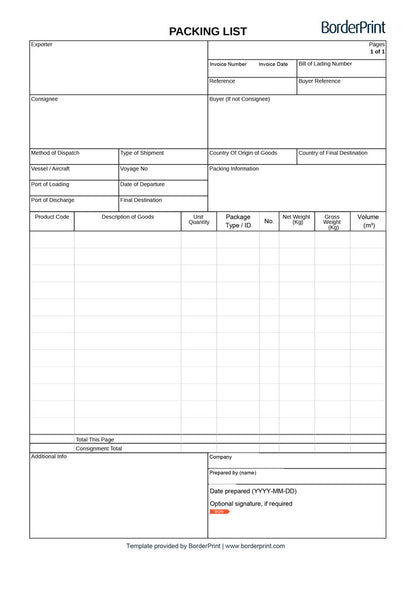 Packing List (Fillable Auto-Calculating PDF)