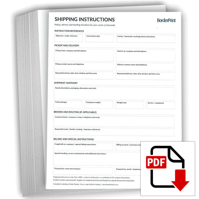 Shipping Instructions Form (Fillable PDF)