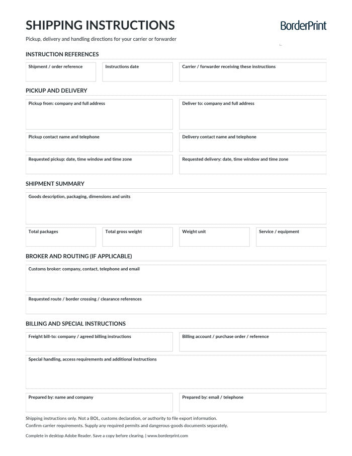 Shipping Instructions Form (Fillable PDF)