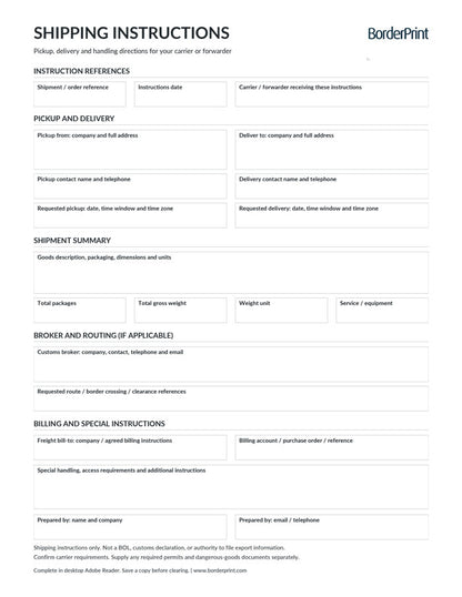 Shipping Instructions Form (Fillable PDF)