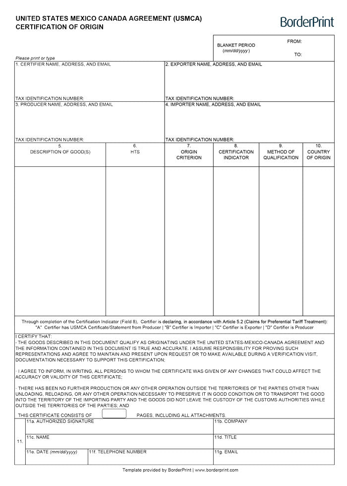 USMCA / CUSMA Certificate of Origin (Fillable Digital PDF)
