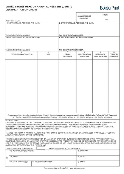 USMCA / CUSMA Certificate of Origin (Fillable Digital PDF)