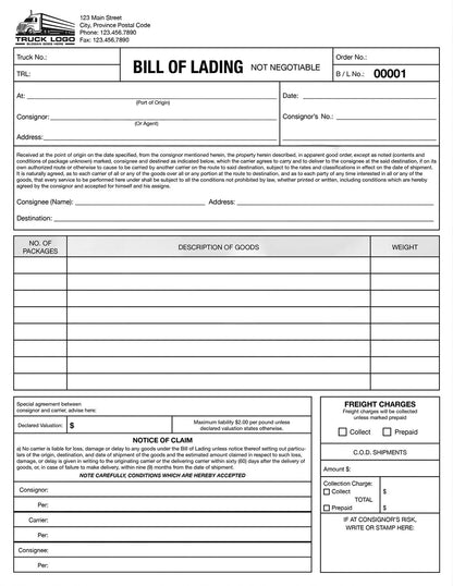 Bill of Lading (BOL) (Custom Branded 3-Part Booklet)