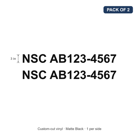 NSC number truck decals, 3 inch matte black Arial Bold vinyl, pack of 2