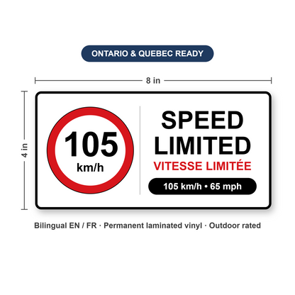 Bilingual Speed Limited 105 km/h truck decal, 8 x 4 inch, Vitesse limitee